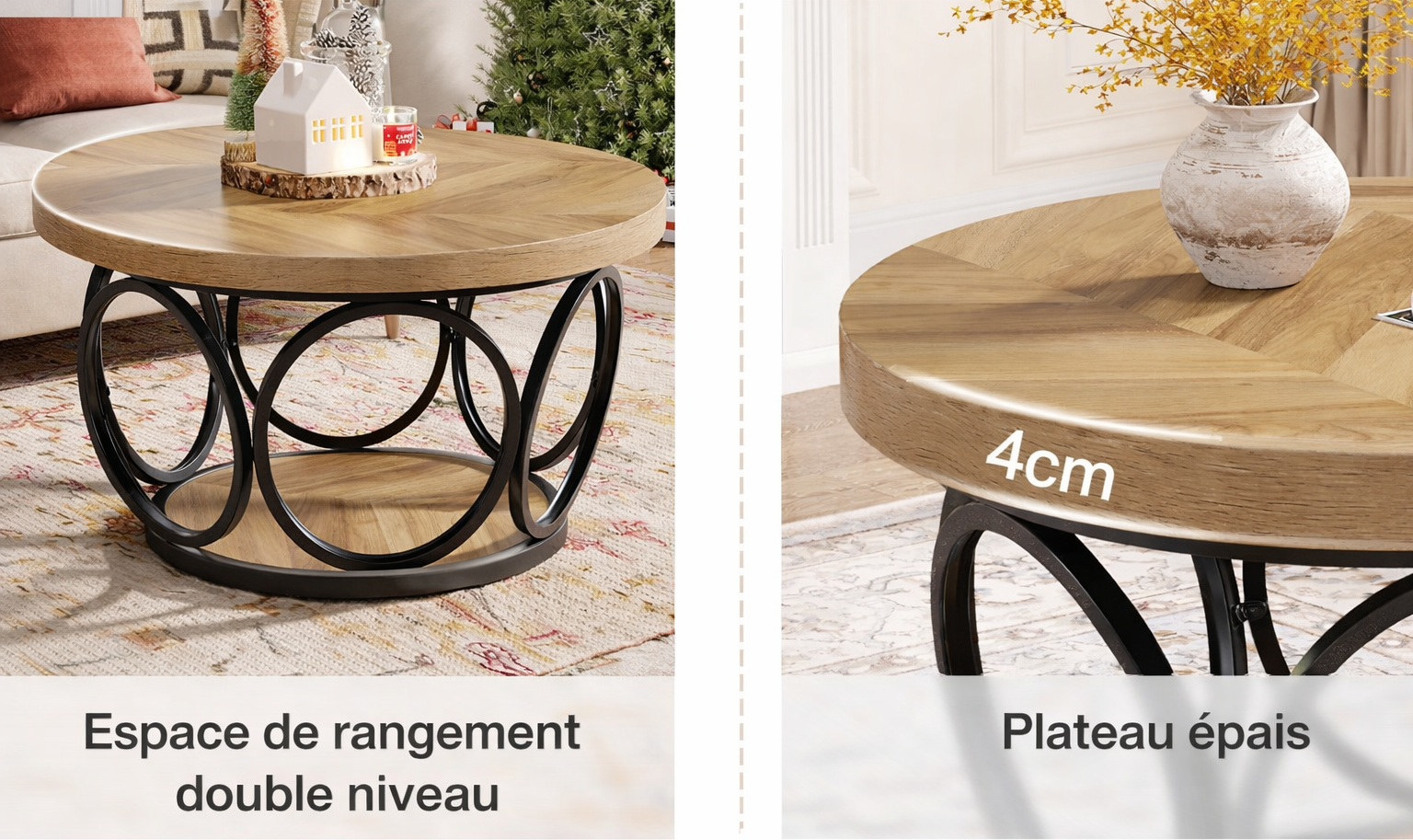 Table basse ronde 80 cm avec étagère, bois et métal