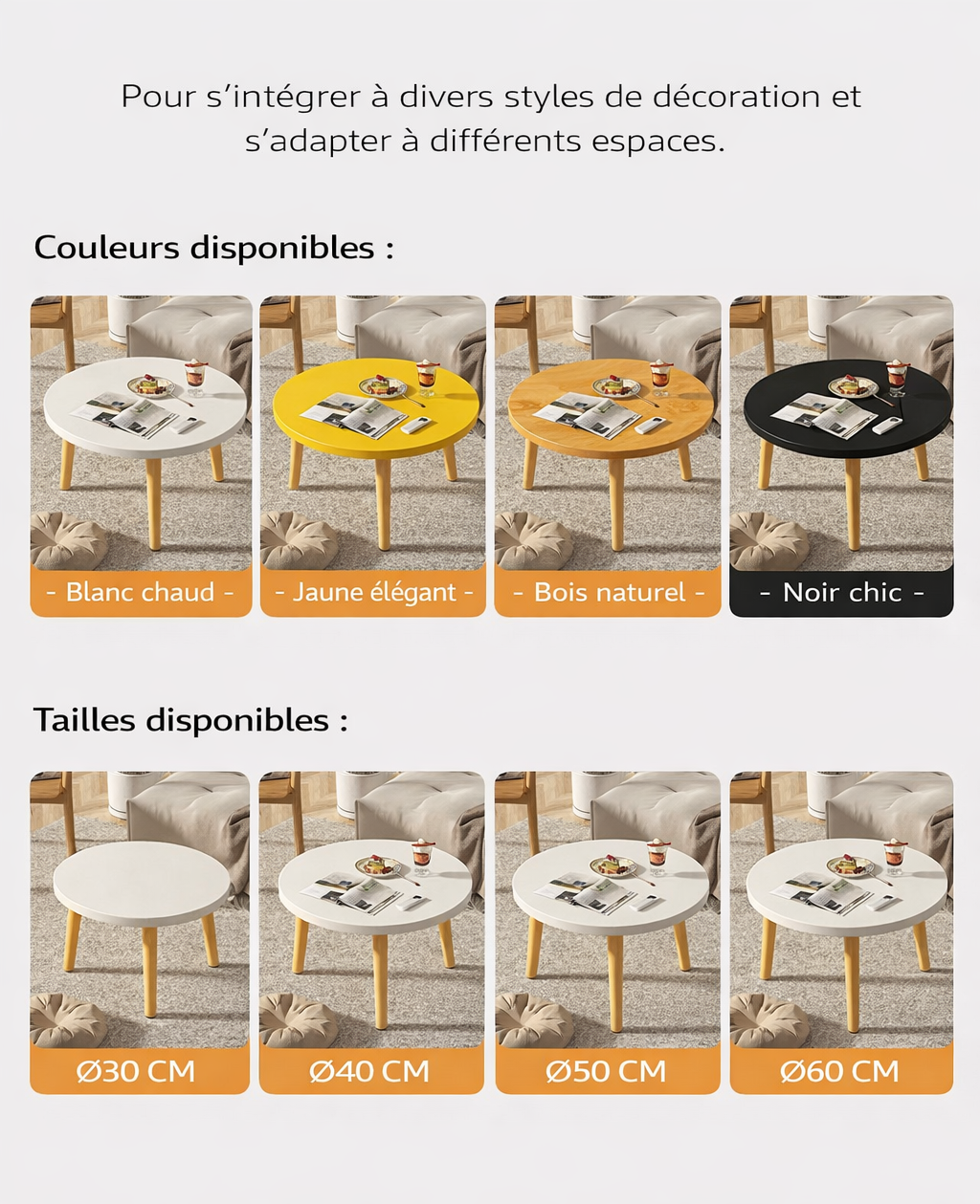 Table basse ronde en bois épurée pour petit salon