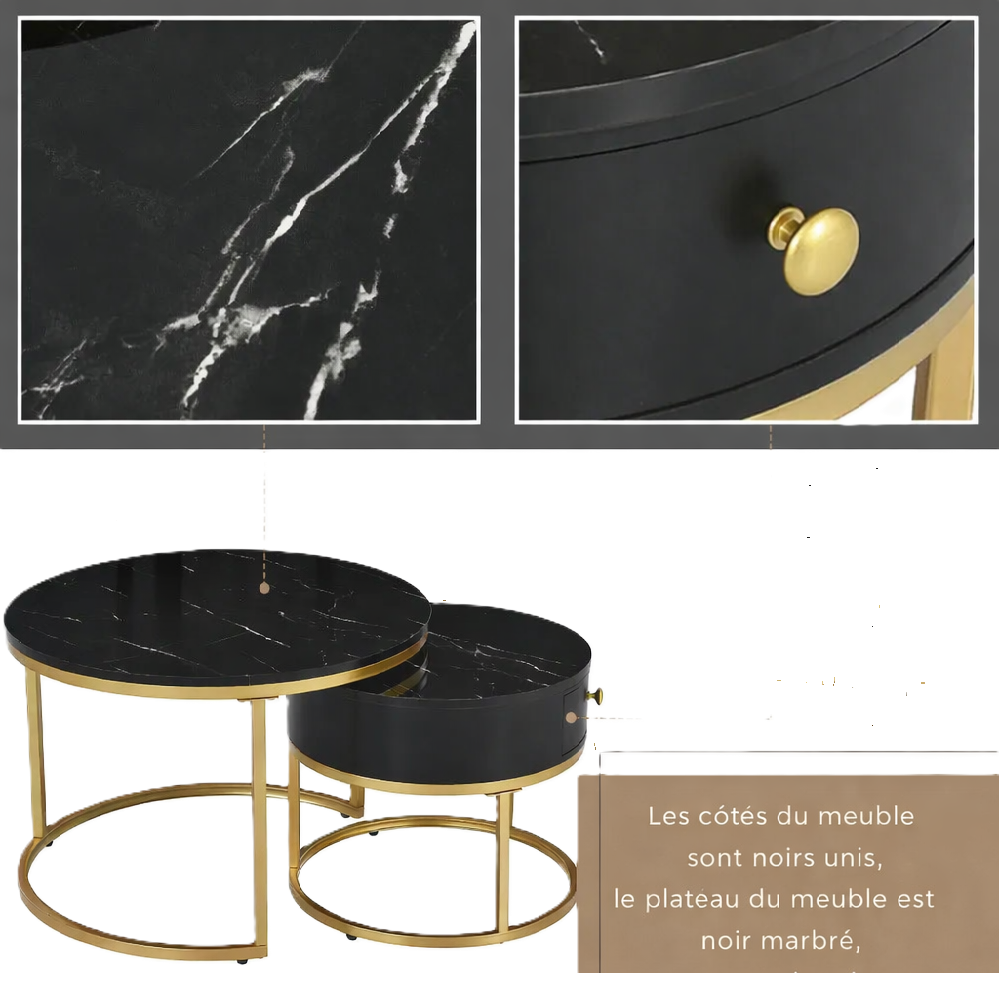 Table basse gigogne ronde effet marbre noir et doré