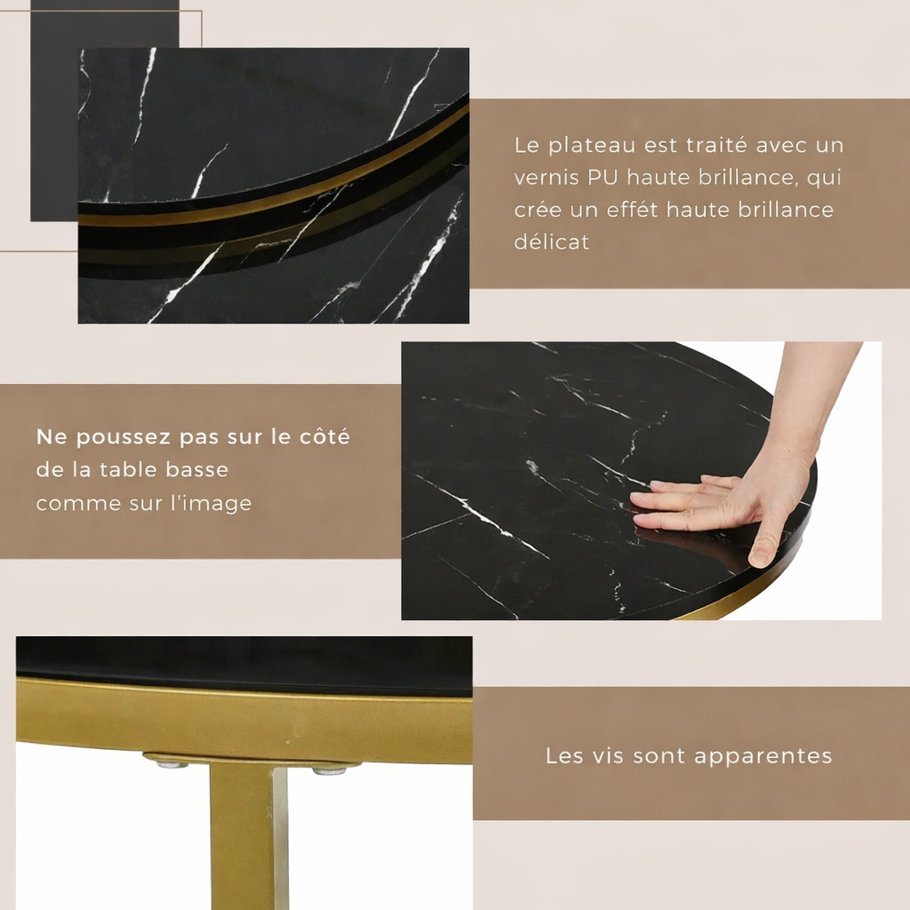Table basse gigogne ronde effet marbre noir et doré
