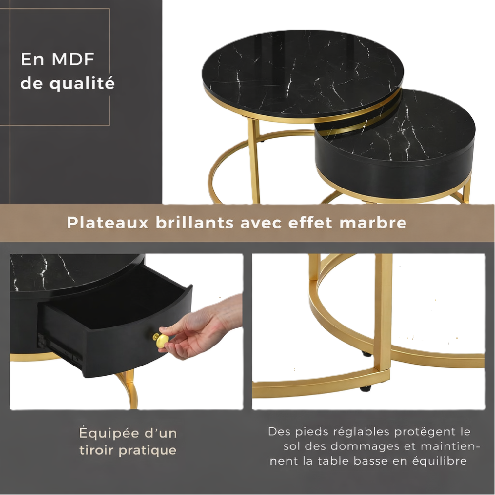 Table basse gigogne ronde effet marbre noir et doré