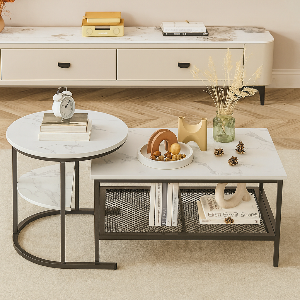 Table basse gigogne effet marbre blanc et métal noir