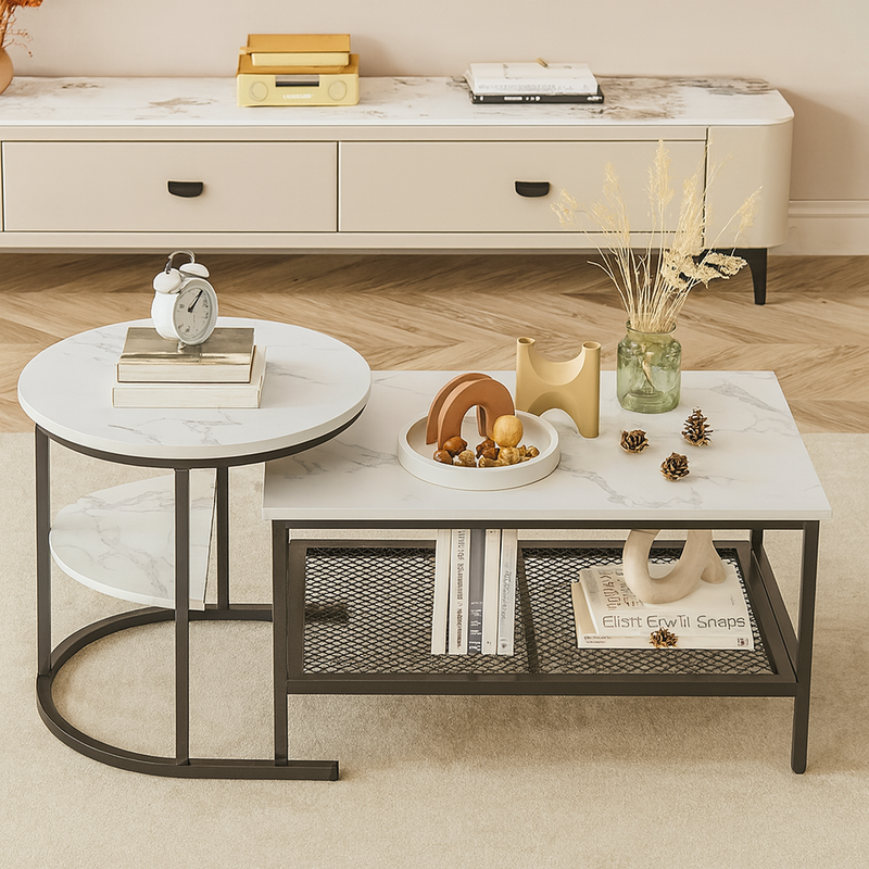 Table basse gigogne effet marbre blanc et métal noir