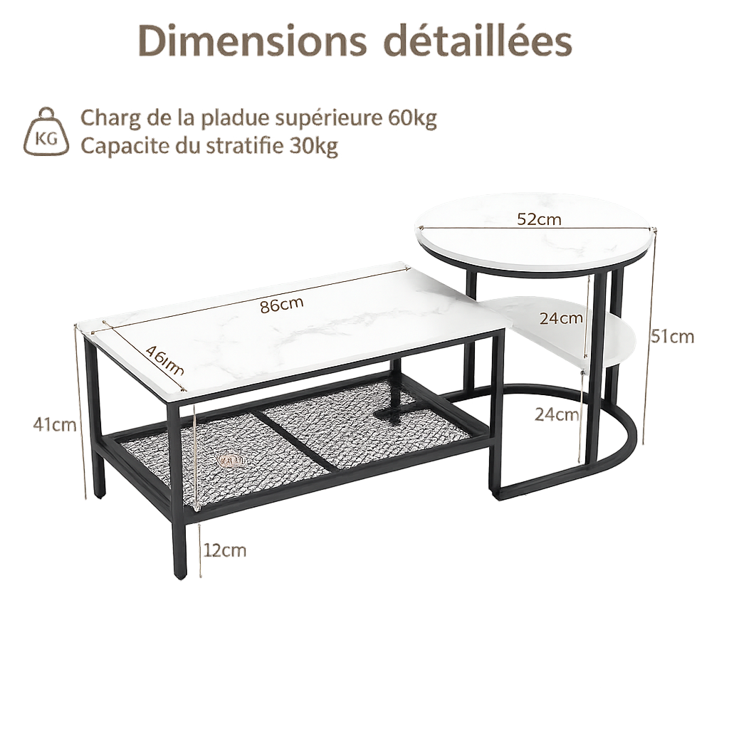 Table basse gigogne effet marbre blanc et métal noir