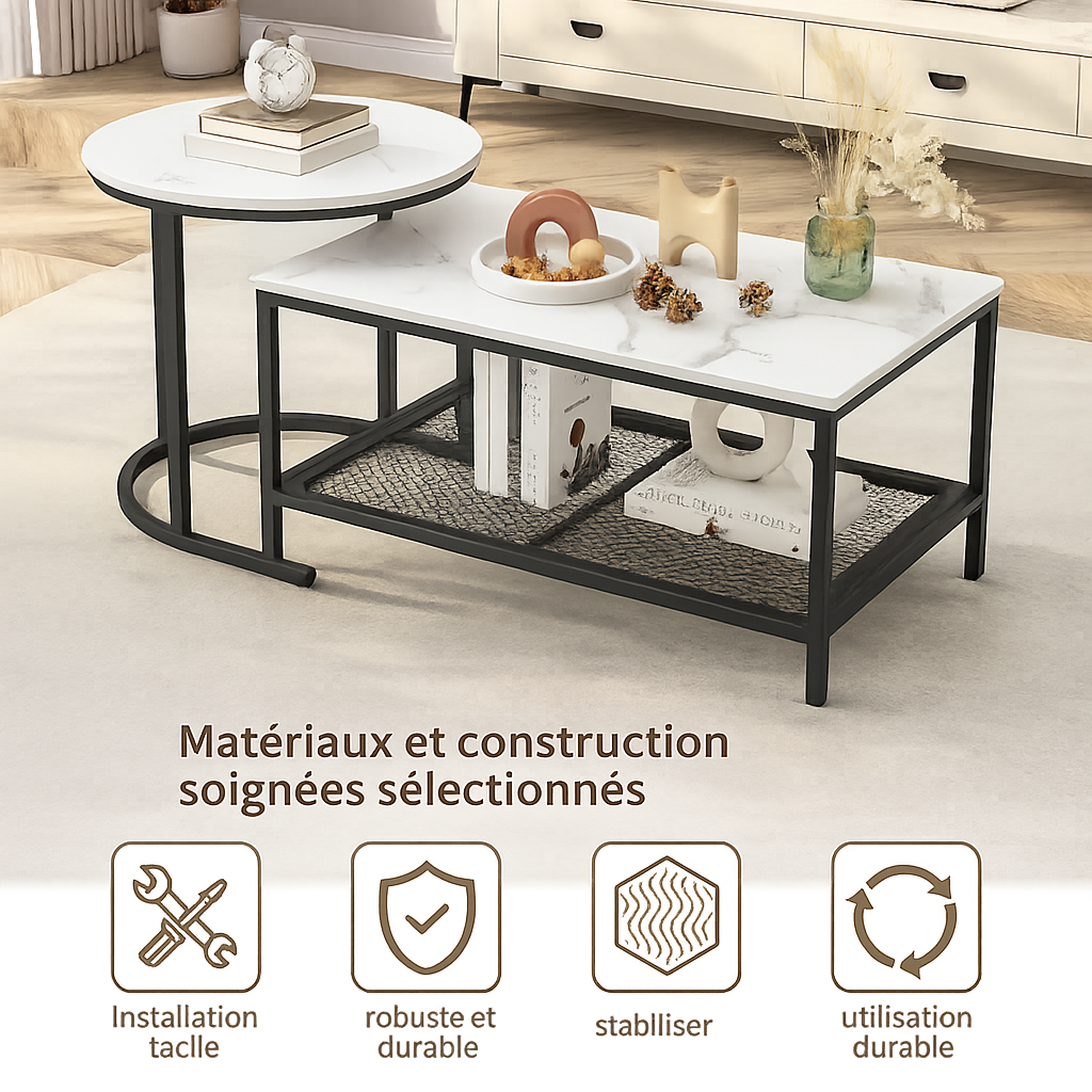 Table basse gigogne effet marbre blanc et métal noir