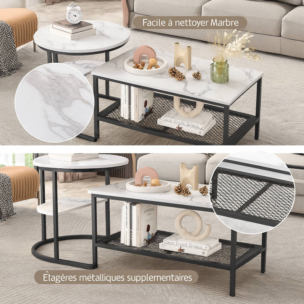 Table basse gigogne effet marbre blanc et métal noir