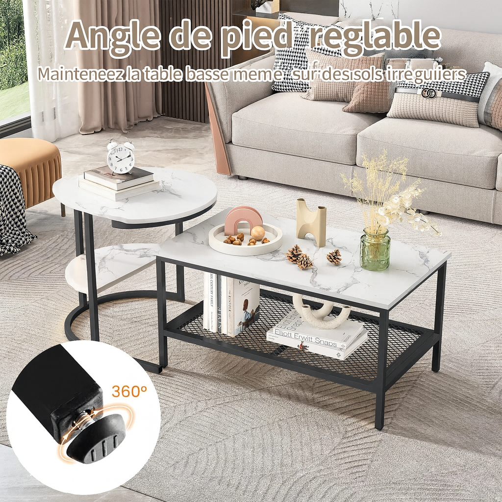 Table basse gigogne effet marbre blanc et métal noir