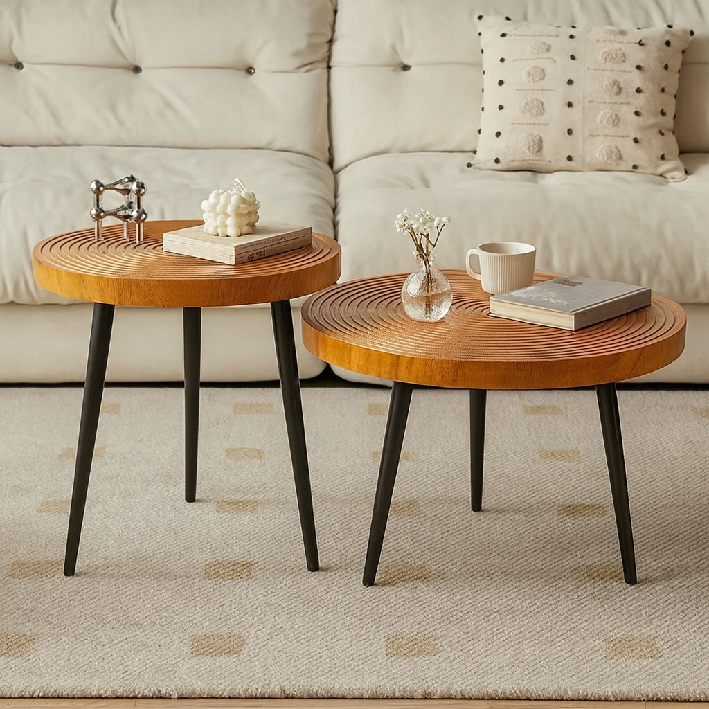 Table basse gigogne ronde en bois massif esprit japandi