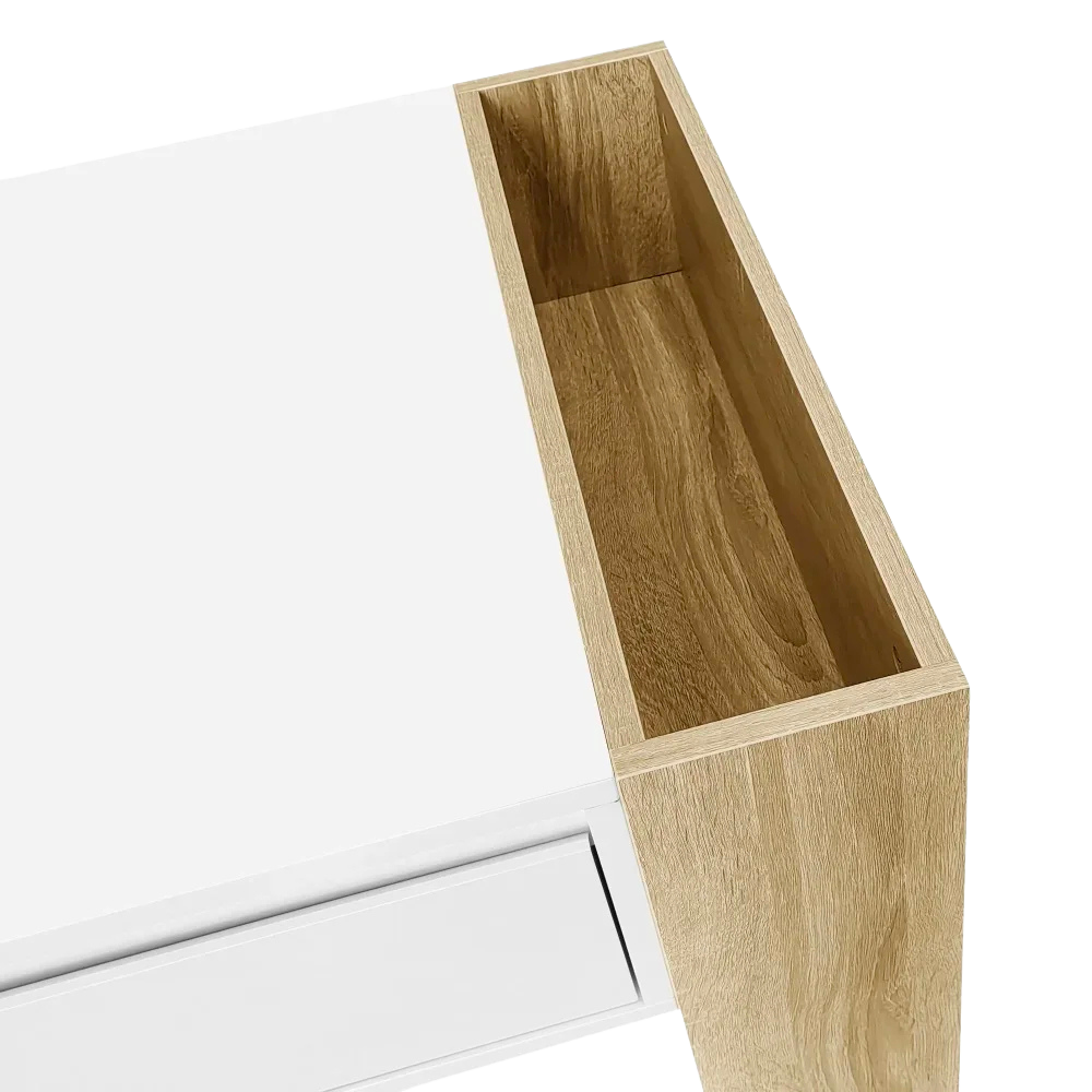 Table basse blanche et bois 105 cm, tiroir et niches