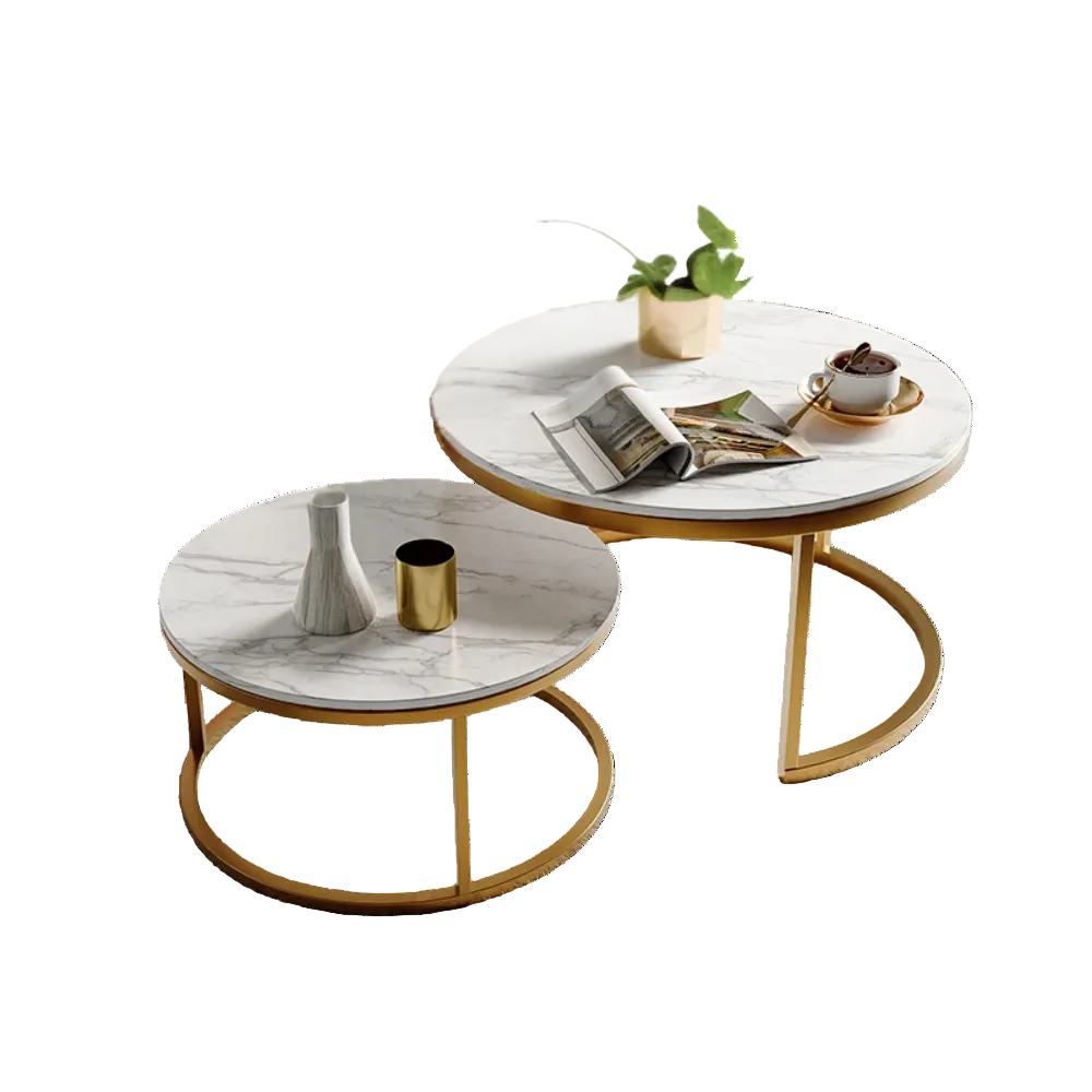 Table basse gigogne ronde effet marbre blanc et doré