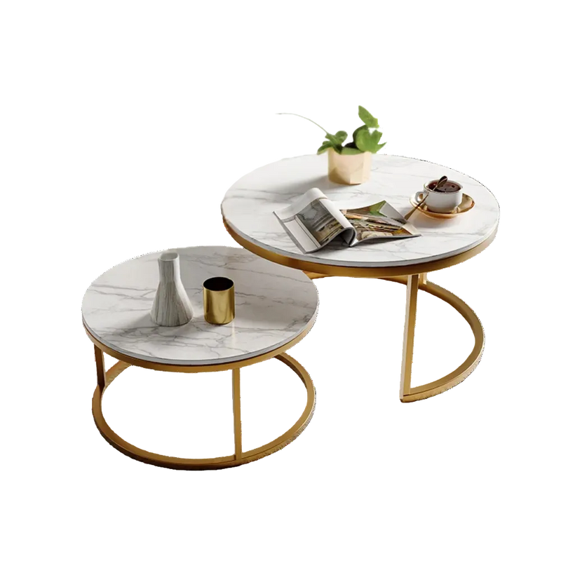 Table basse gigogne ronde effet marbre blanc et doré