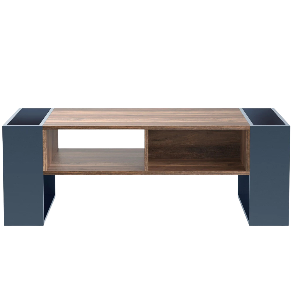 Table basse bois et bleu profond 105 cm avec tiroir