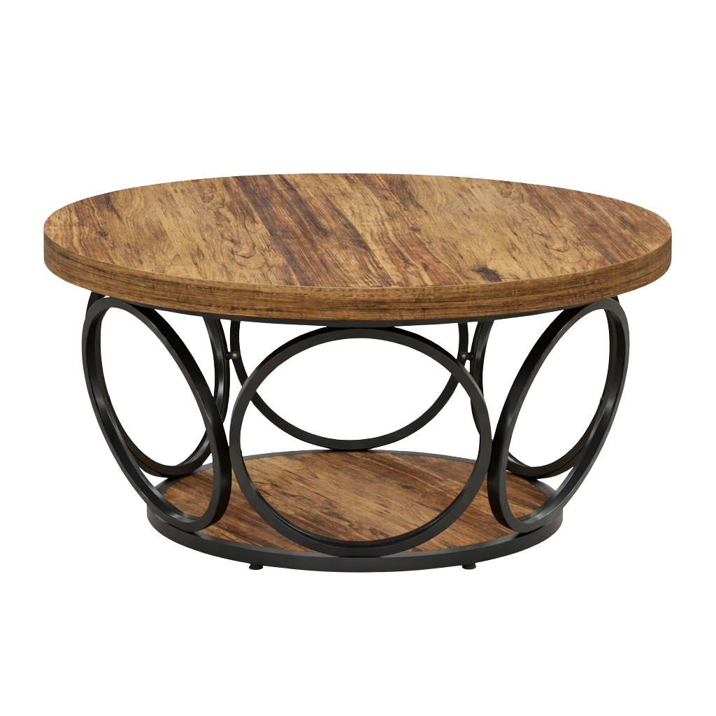 Table basse ronde 80 cm avec étagère, bois et métal