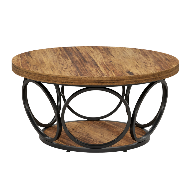 Table basse ronde 80 cm avec étagère, bois et métal