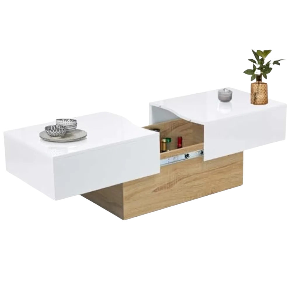 Table basse 120 cm blanche et bois à plateau coulissant