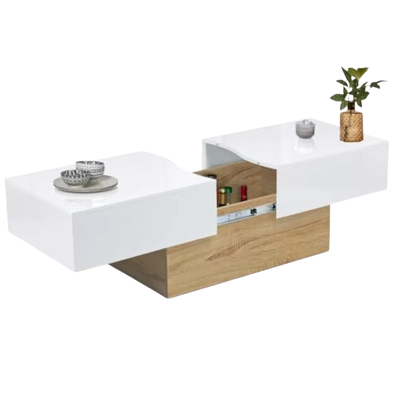 Table basse 120 cm blanche et bois à plateau coulissant