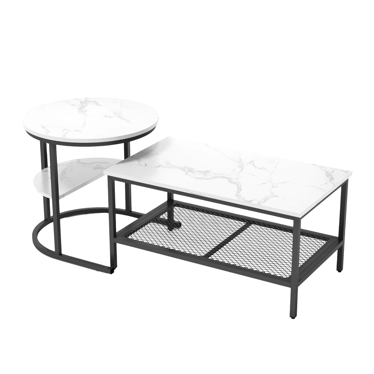 Table basse gigogne effet marbre blanc et métal noir