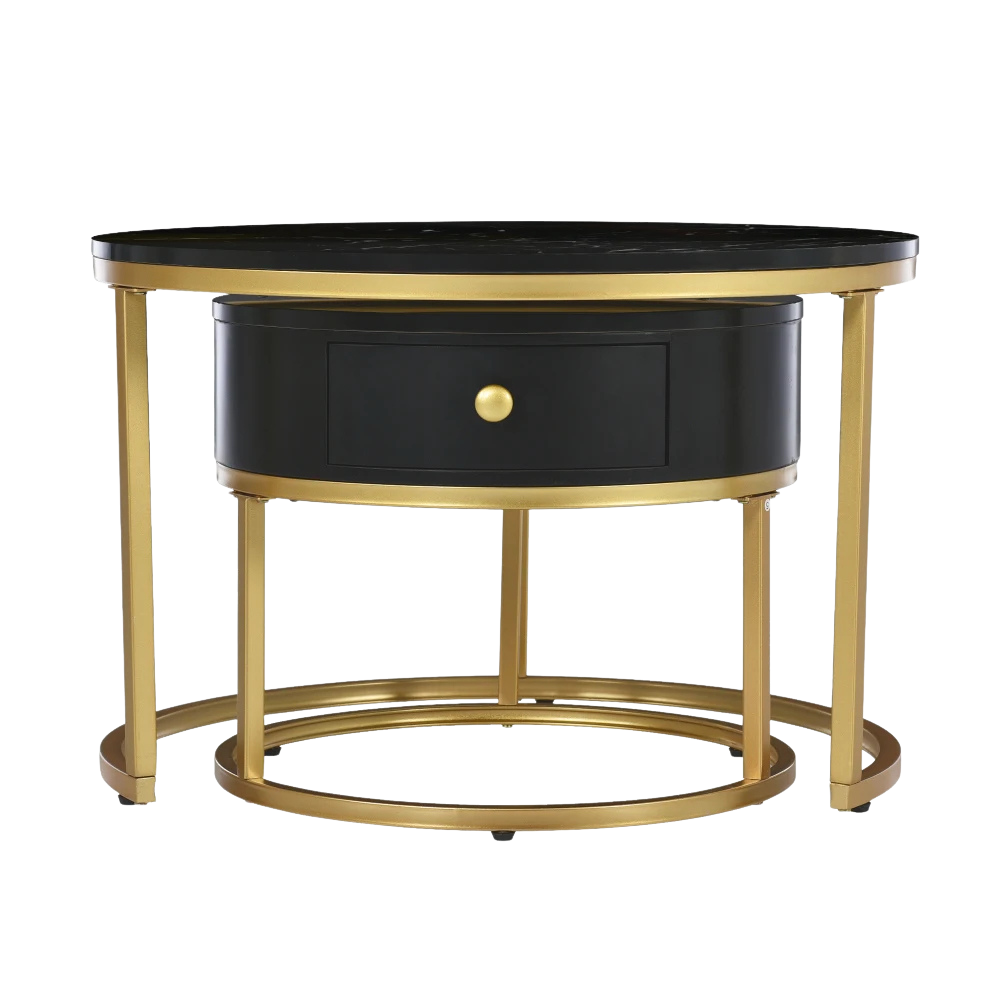 Table basse gigogne ronde effet marbre noir et doré