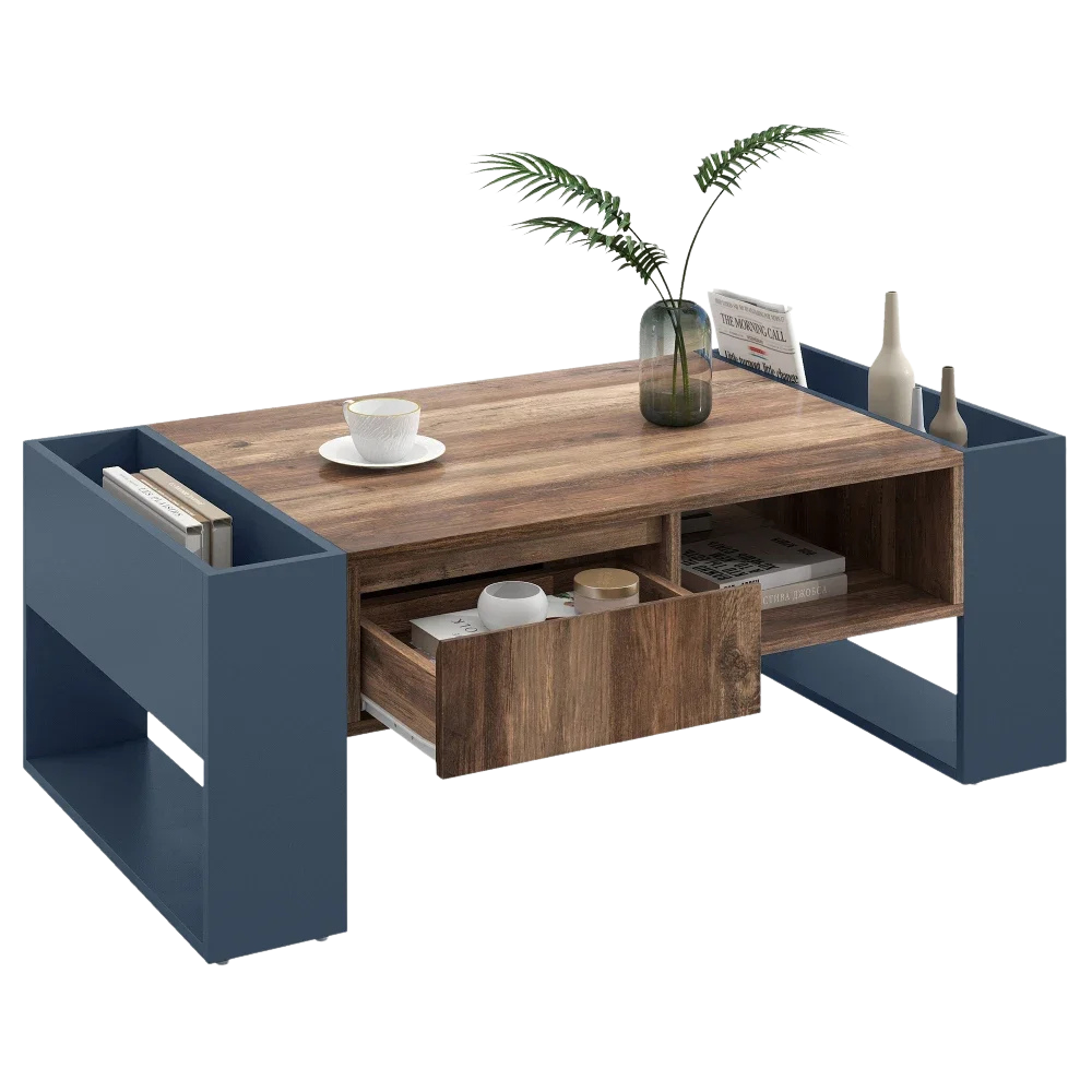 Table basse bois et bleu profond 105 cm avec tiroir