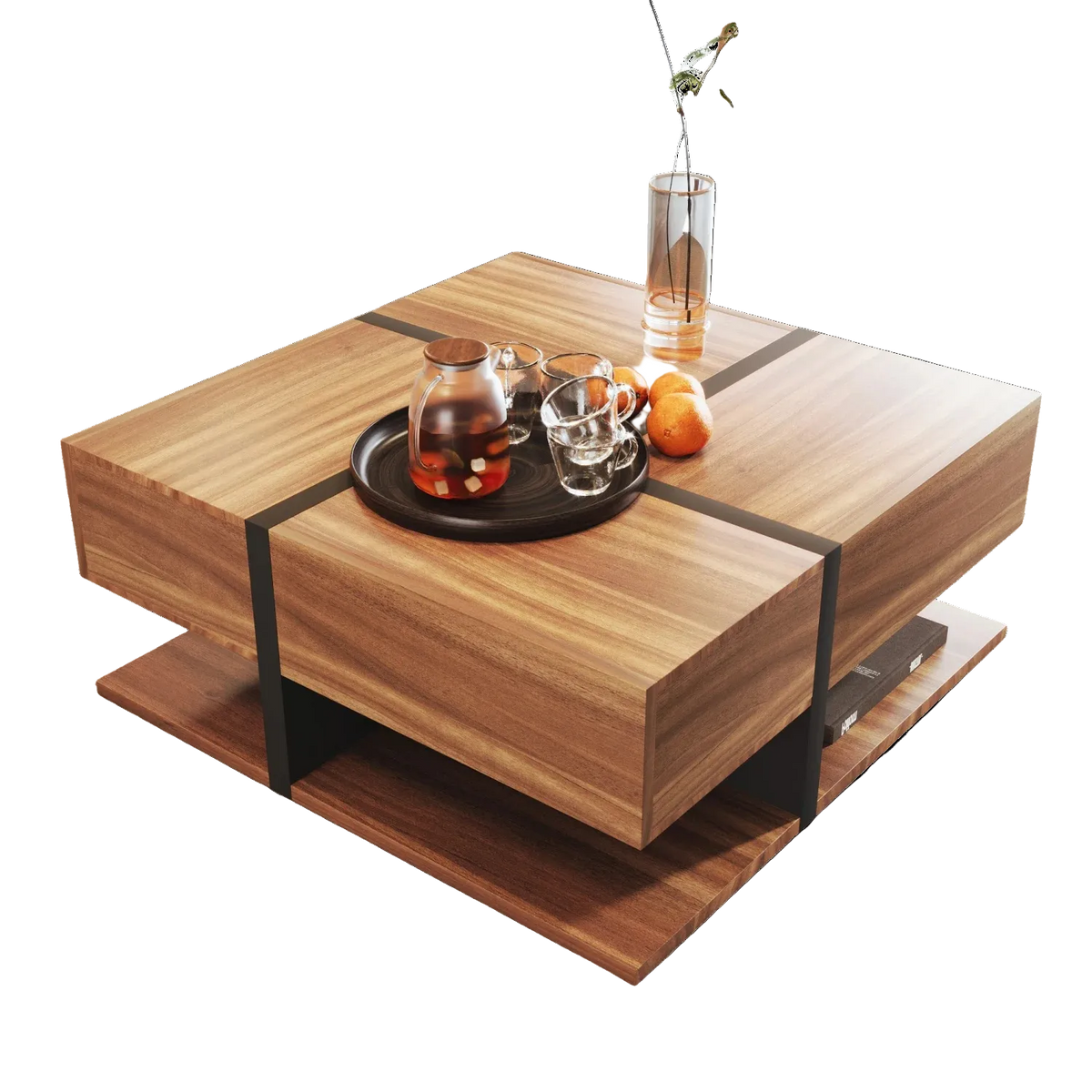 Table basse carrée bois et noir avec tiroirs de rangement