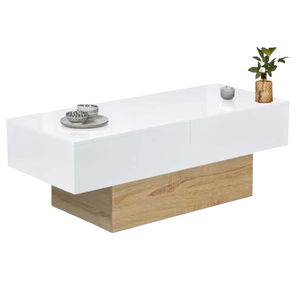 Table basse 120 cm blanche et bois à plateau coulissant