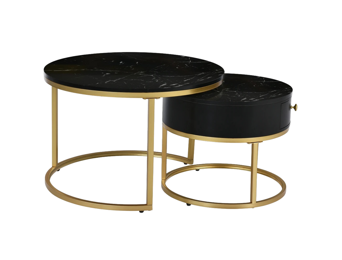 Table basse gigogne ronde effet marbre noir et doré