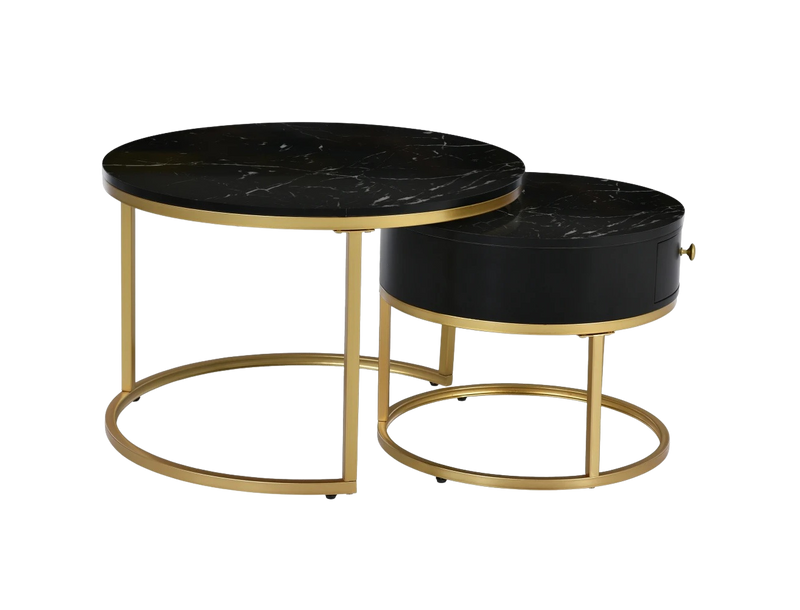 Table basse gigogne ronde effet marbre noir et doré