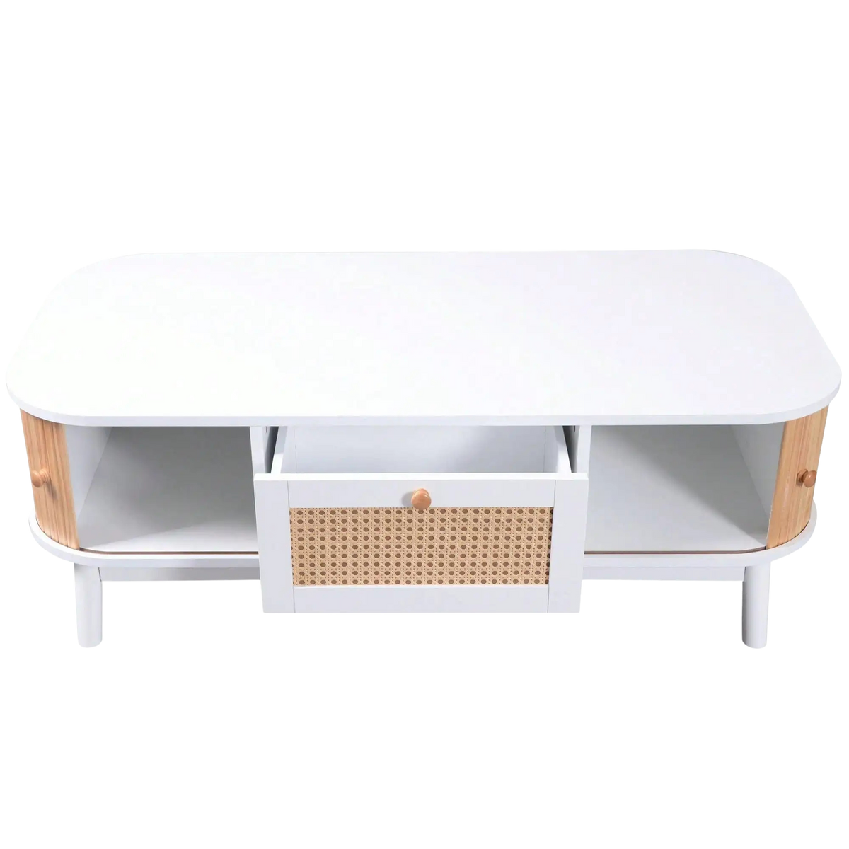 Table basse en bois et rotin avec rangements