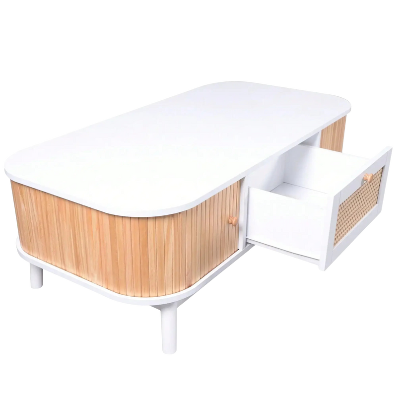 Table basse en bois et rotin avec rangements