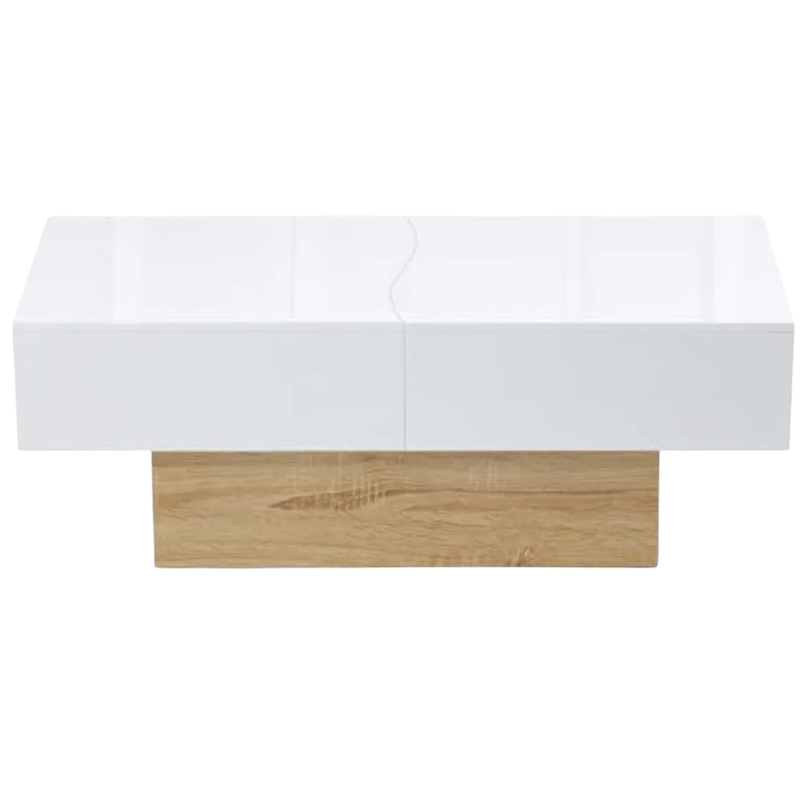 Table basse 120 cm blanche et bois à plateau coulissant